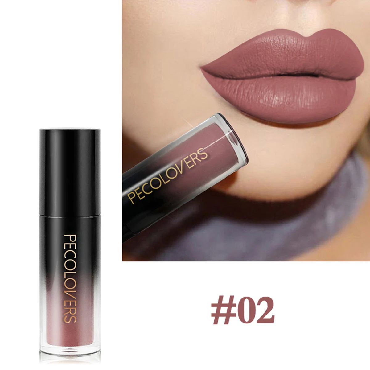 Mauve velvet liquid lipstick #02, waterproof, long-lasting, non-stick cup. Matte finish for natural, moisturized lips.