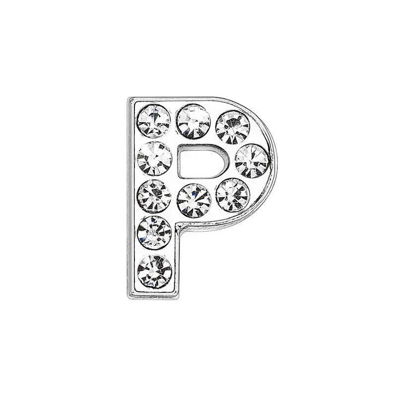 Rhinestone letter P slide charm for 8mm DIY pet collars. Decorative silver alphabet initial for custom dog accessories.
