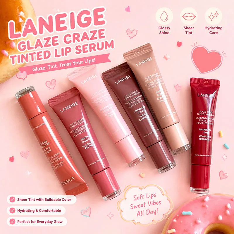 Laneige Glaze Craze Tinted Lip Serum collection featuring hydrating, glossy, sheer tinted lip glosses in various shades.