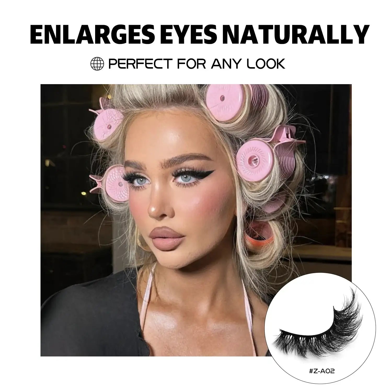Fluffy black 3D mink cat-eye lashes shown on a model with hair rollers, creating a wispy, feathery, natural look.