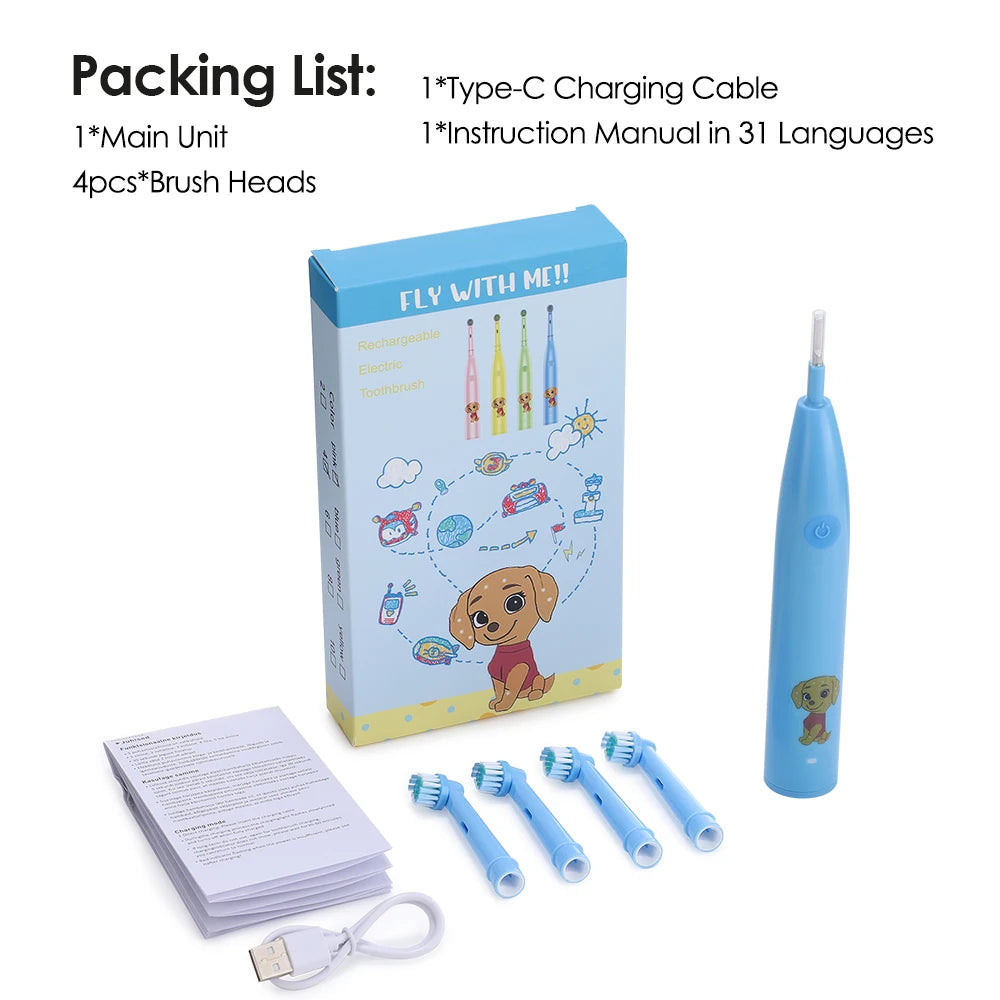 Children's Electric Toothbrush with 4 Replacement Heads Cartoon Kids Electric Toothbrush 5 Cleaning Modes Round Head Rotating