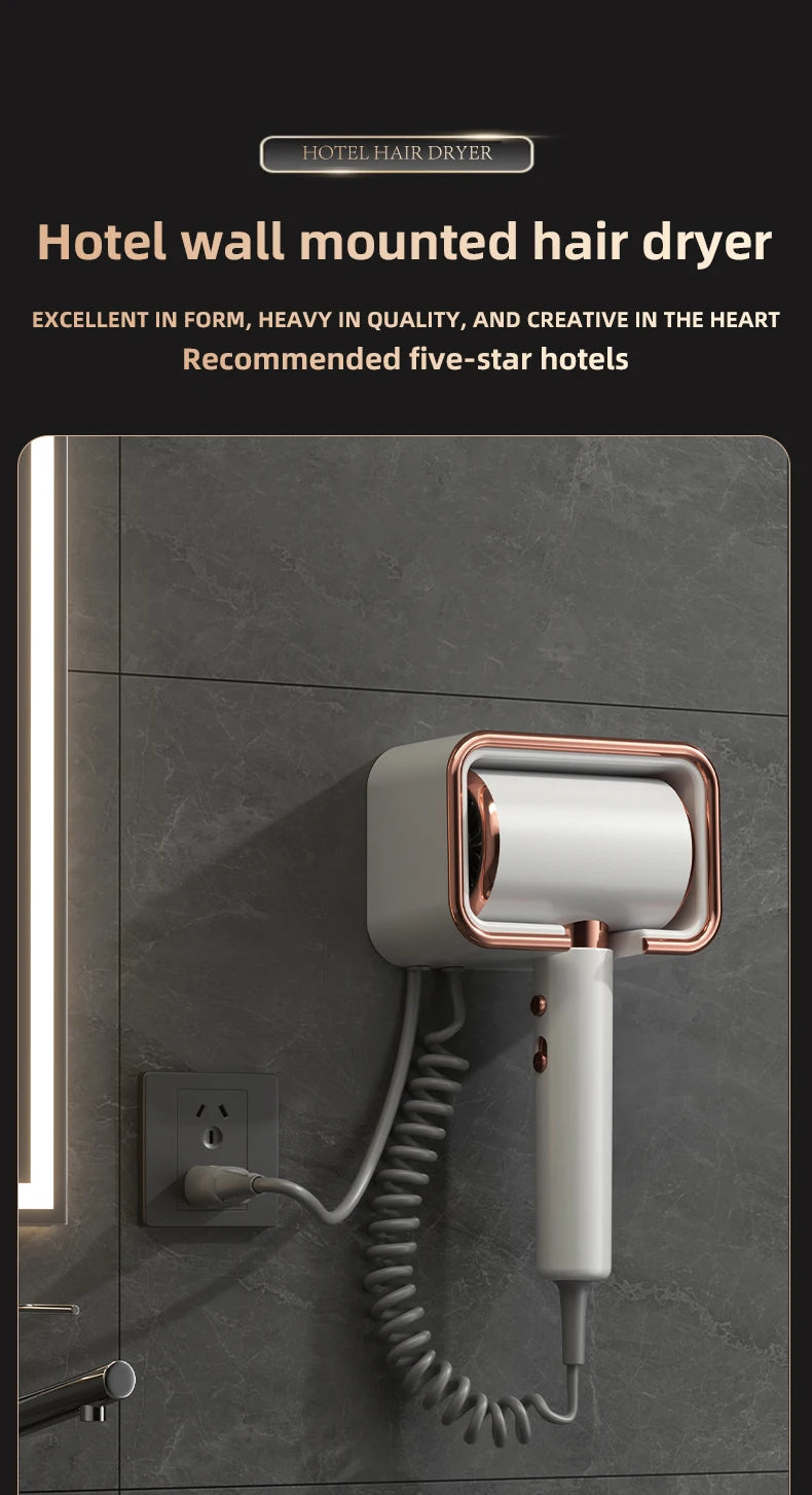 White and rose gold wall-mounted hair dryer with curly cord for hotel and home bathrooms. High-wind blue light dryer.