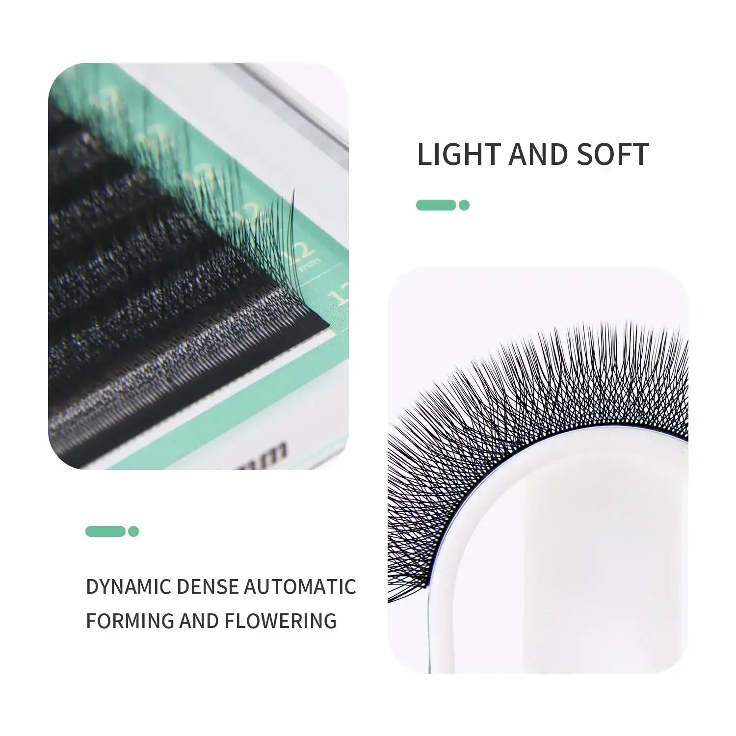 Black individual eyelash extensions in a tray, arranged in strips for volume fan application.