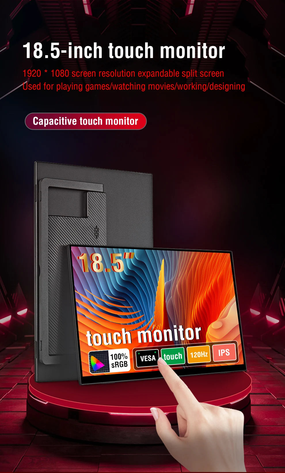 Anmite 18.5 inch Portable Touch Monitor 120Hz 100% sRGB With Screen Holder Stand For Laptop Phone Xbox PS4 PS5 Switch