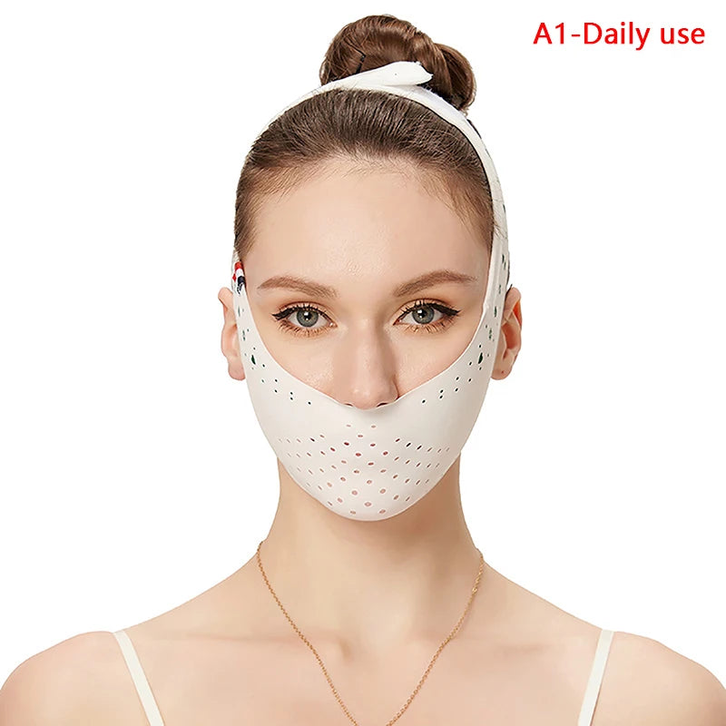 A woman wearing a perforated, white V-line facial slimming bandage that wraps around her chin and secures at the top.
