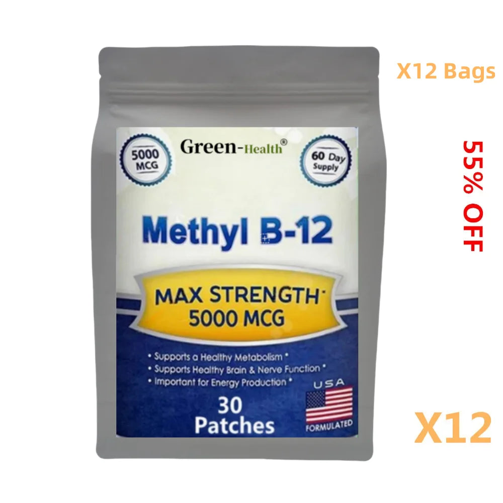 Tidesmit Green-Health Methyl B12 5000mcg patches for natural energy, memory, and brain health support, 30 pack.