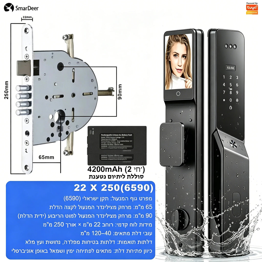 SmarDeer ﻿IS 6590 IP66 Waterproof Outdoor Smart Lock,Face & Palm Vein Recognition lock with Hebrew Menu,Tuya App Video Call