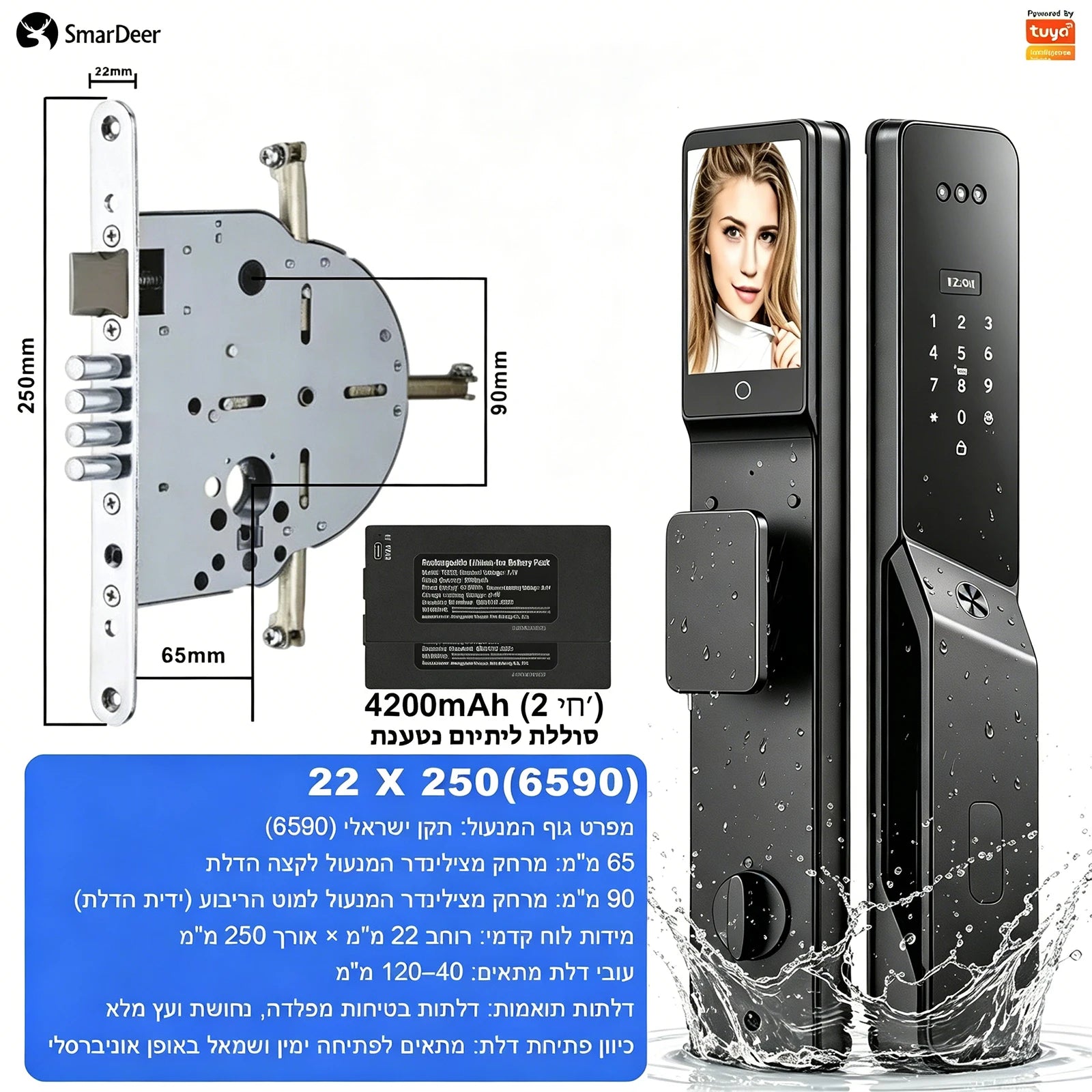 SmarDeer ﻿IS 6590 IP66 Waterproof Outdoor Smart Lock,Face & Palm Vein Recognition lock with Hebrew Menu,Tuya App Video Call