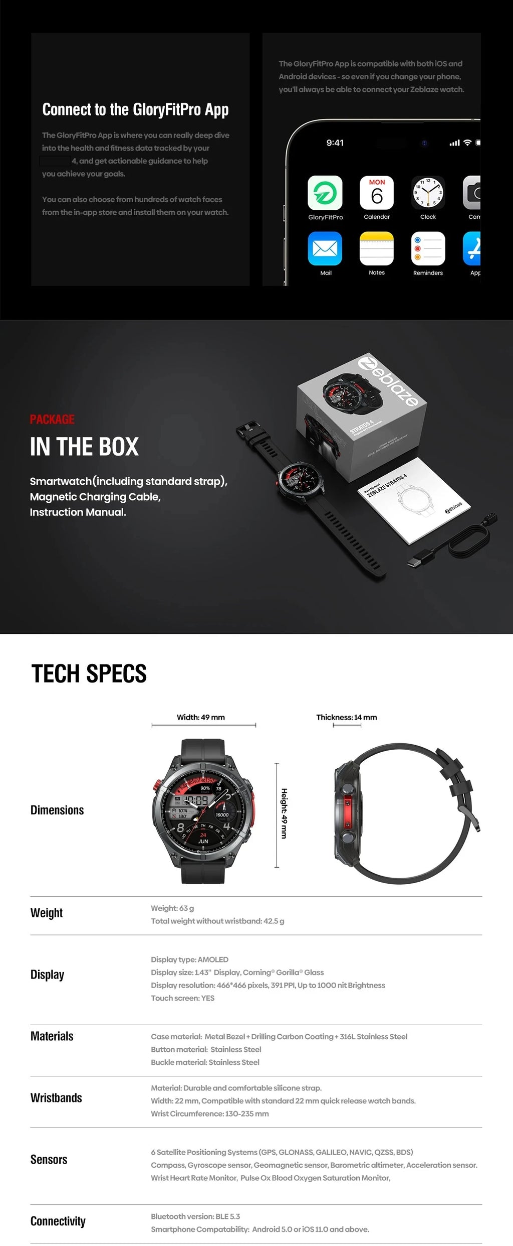 Stratos 4 GPS Smart Watch 1.43 AMOLED Display Built-in Compass Barometric Altimeter Flashlight Voice Call Smartwatch