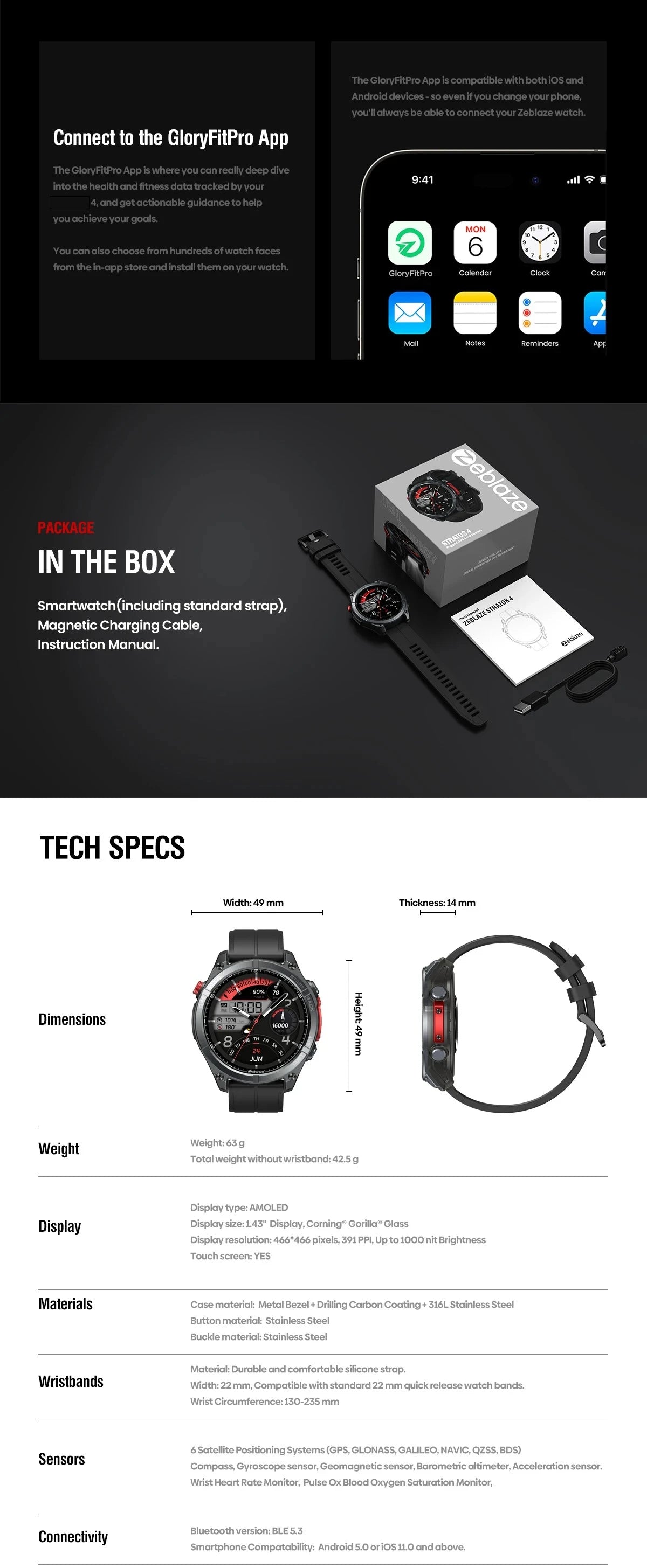 Stratos 4 GPS Smart Watch 1.43 AMOLED Display Built-in Compass Barometric Altimeter Flashlight Voice Call Smartwatch