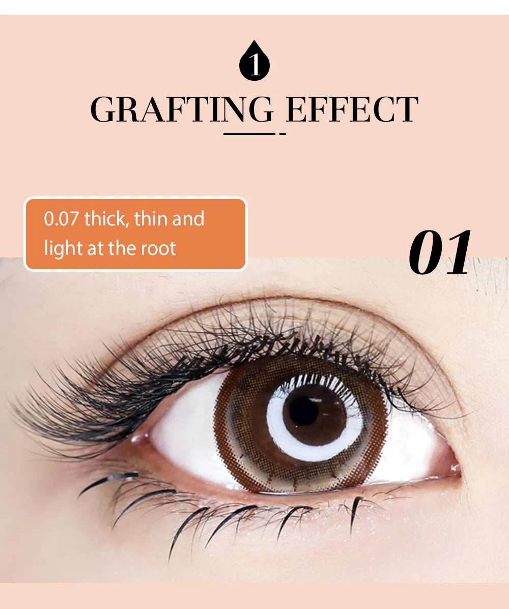 Close-up of a human eye with black 6D-W shaped eyelash extensions, showing a natural, wispy, and lightweight effect.