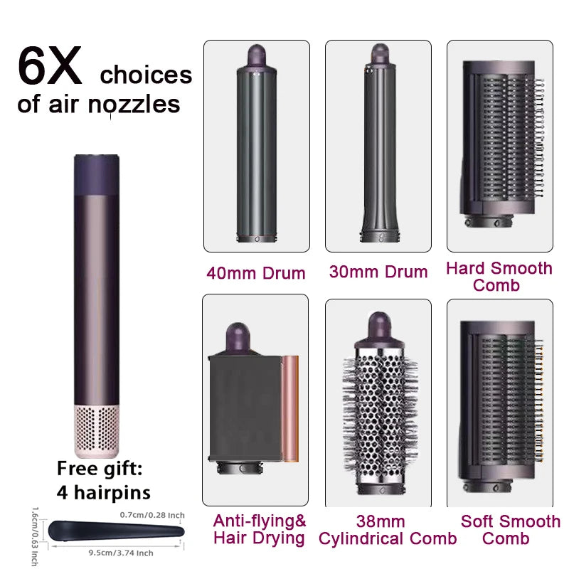 SenCiciMen 6-in-1 grey hair styler set with 6 attachments, curling barrels, round brush, and air dryer accessories.