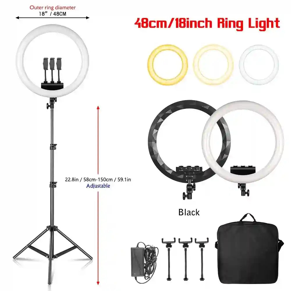 18-inch black LED ring light with adjustable tripod stand, phone clips, power adapter, and carrying case.
