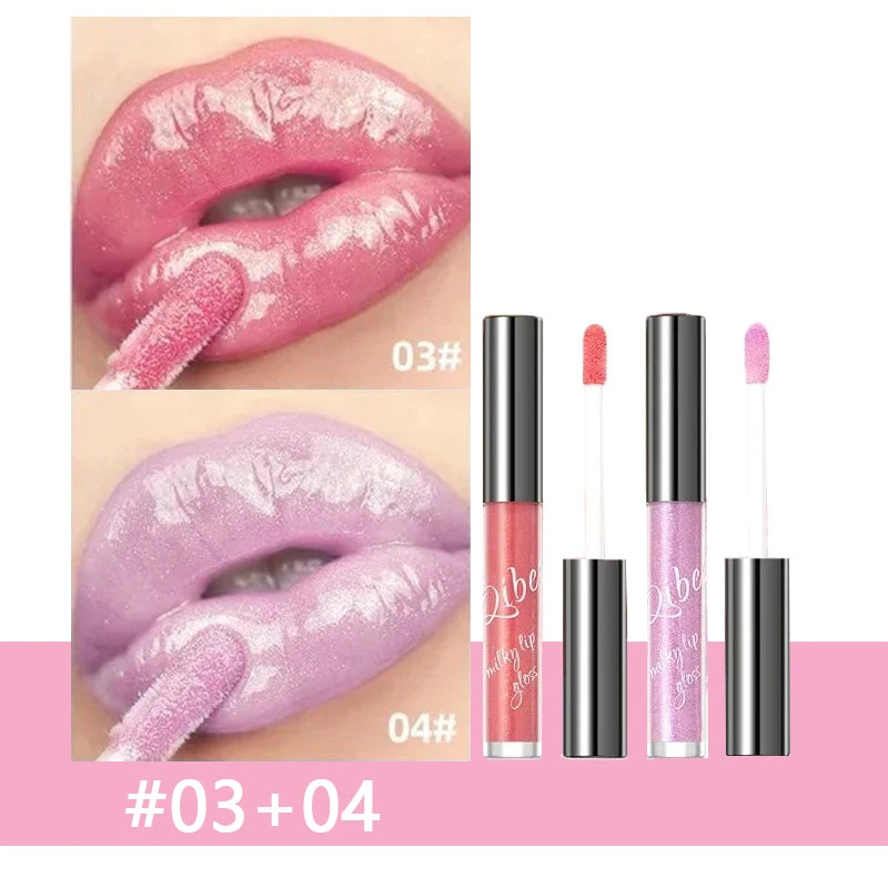 Shimmering taro purple and pink lip gloss set with gold sparkle, glassy jelly finish, and moisturizing plumping effect.