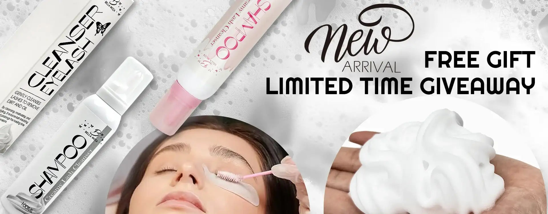 Bella Moca creamy lash cleanser bottles and packaging, shown with a person receiving a lash cleaning service.