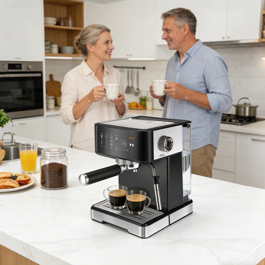 Kafelux black and stainless steel espresso machine with digital display, brewing two cups on a modern kitchen counter.