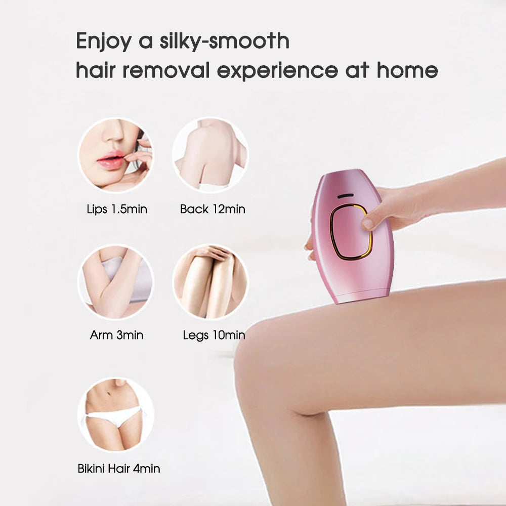 Pink handheld IPL laser hair removal device for painless body and bikini line use, shown with treatment time guides.