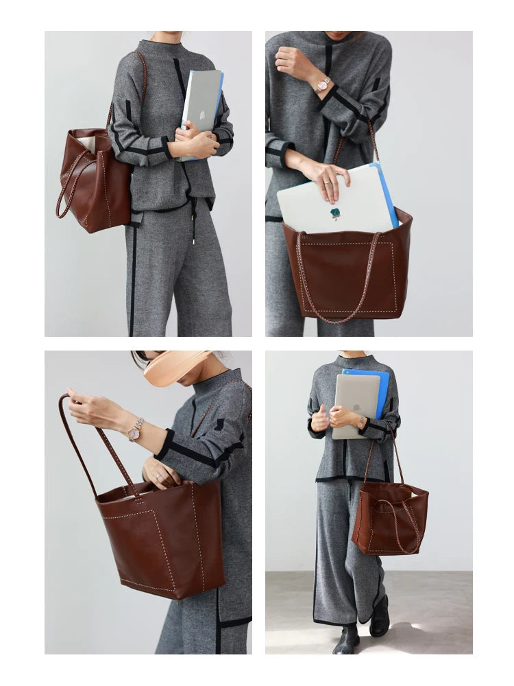 Women Large Capacity Genuine Leather Tote Soft Shoulder Bag