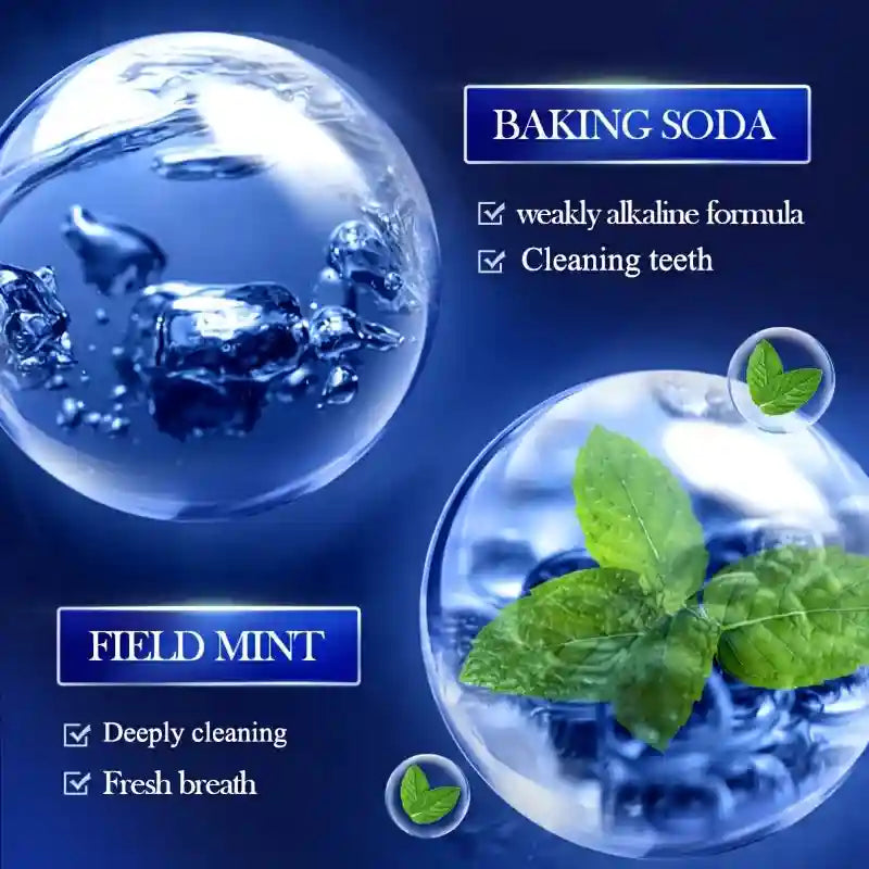 Baking soda and field mint toothpaste with text highlighting alkaline formula, teeth cleaning, and fresh breath