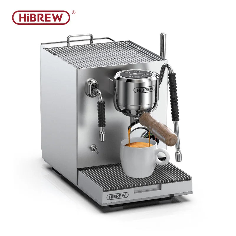 HiBREW stainless steel espresso machine with digital touch display and wooden portafilter handle brewing a coffee.