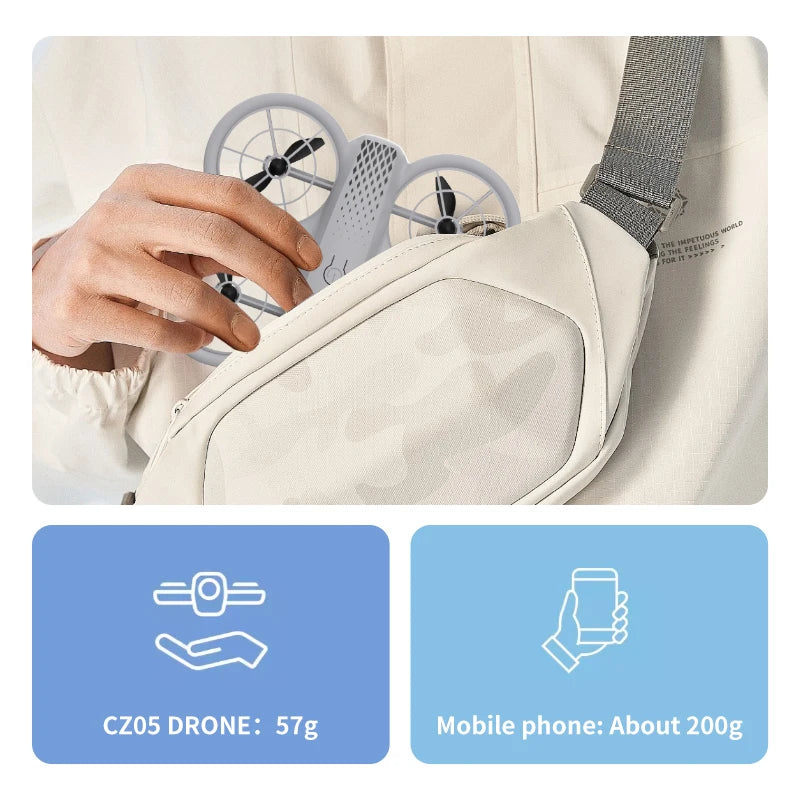 CZ05 mini drone with propeller guards being placed into a small bag; lightweight 57g design for easy portability.