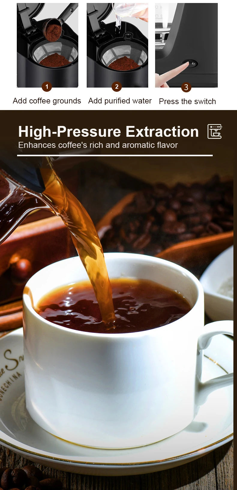 Black single-serve coffee maker with high-pressure extraction pouring fresh coffee into a white ceramic cup.