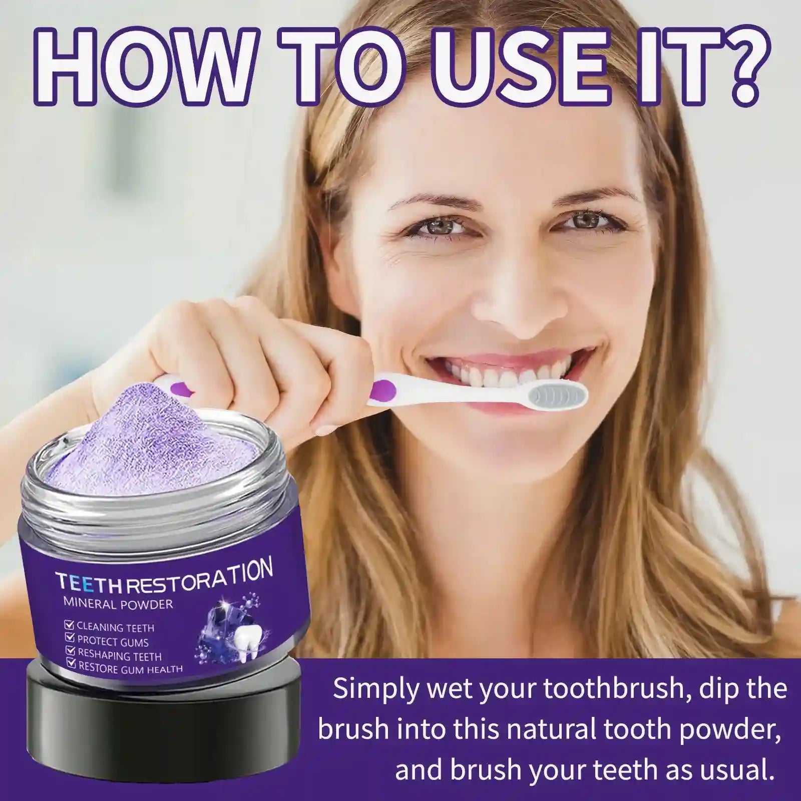 Tidesmit purple mineral tooth powder for enamel-safe teeth whitening, tartar removal, and oral health care.