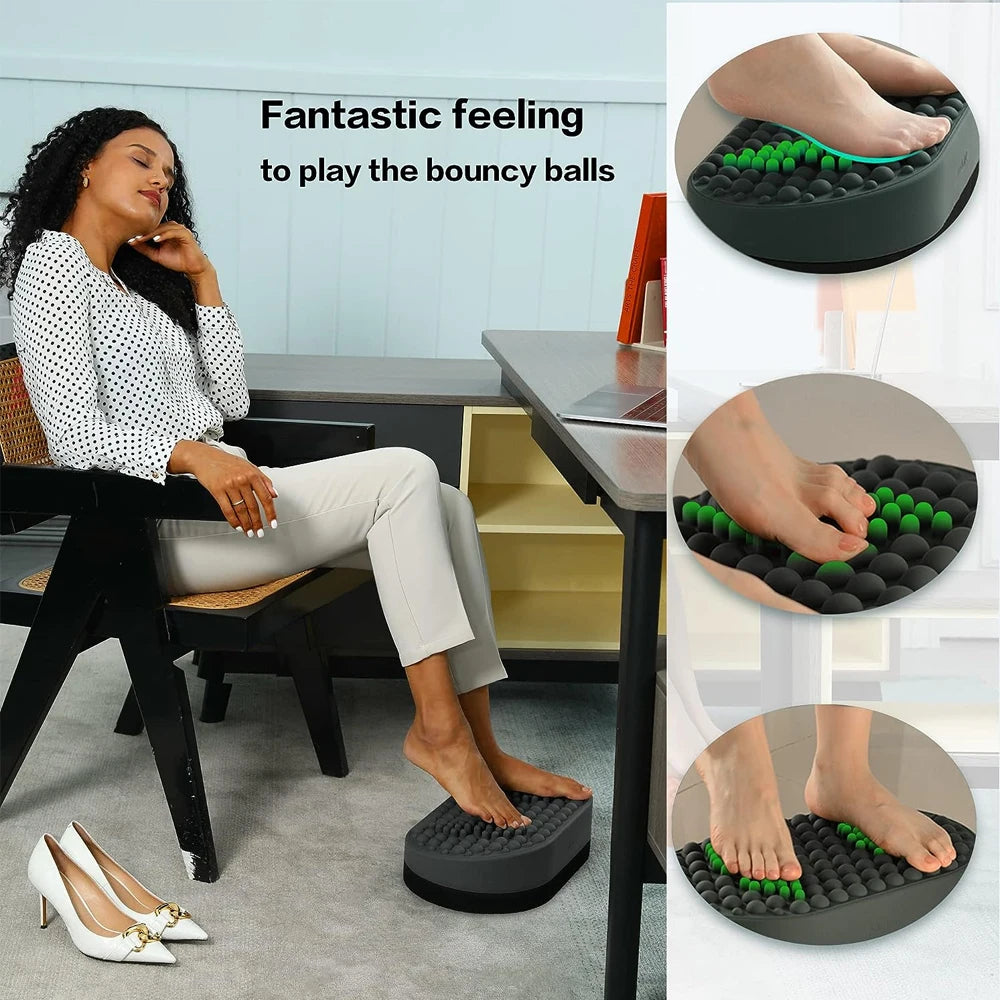 Ergonomic under desk foot rest with silicone massage balls for plantar fasciitis relief in a home office setting.