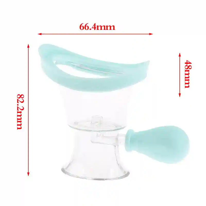 Reusable soft silicone eye wash cup with clear flushing basin and blue squeeze bulb for gentle eye cleaning.