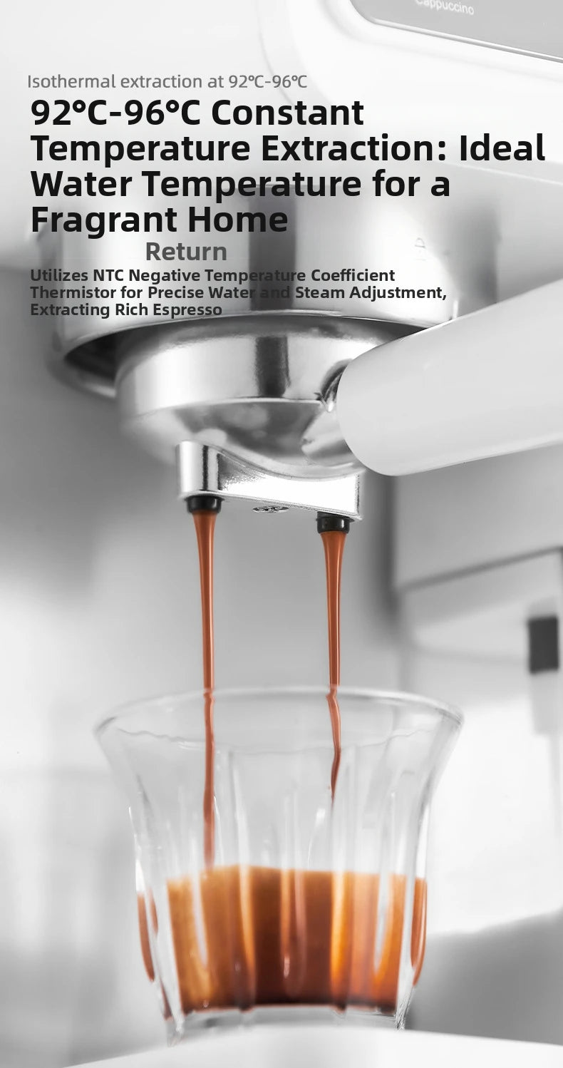 White espresso machine with stainless steel portafilter pouring coffee into a glass cup for consistent extraction.