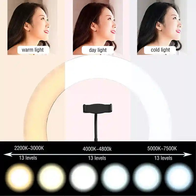 Circular ring light with adjustable warmth and brightness settings, including a central phone mount for photography.