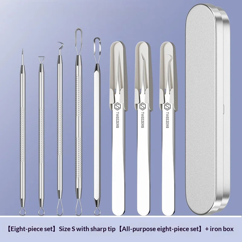 Stainless Steel Acne Needle Set of 8 Pieces, High-Density Blackhead Tweezers, Professional Acne Extraction Needles, Tool for Removing Closed Comedones, Portable Storage Set for Home and Beauty Salon Use