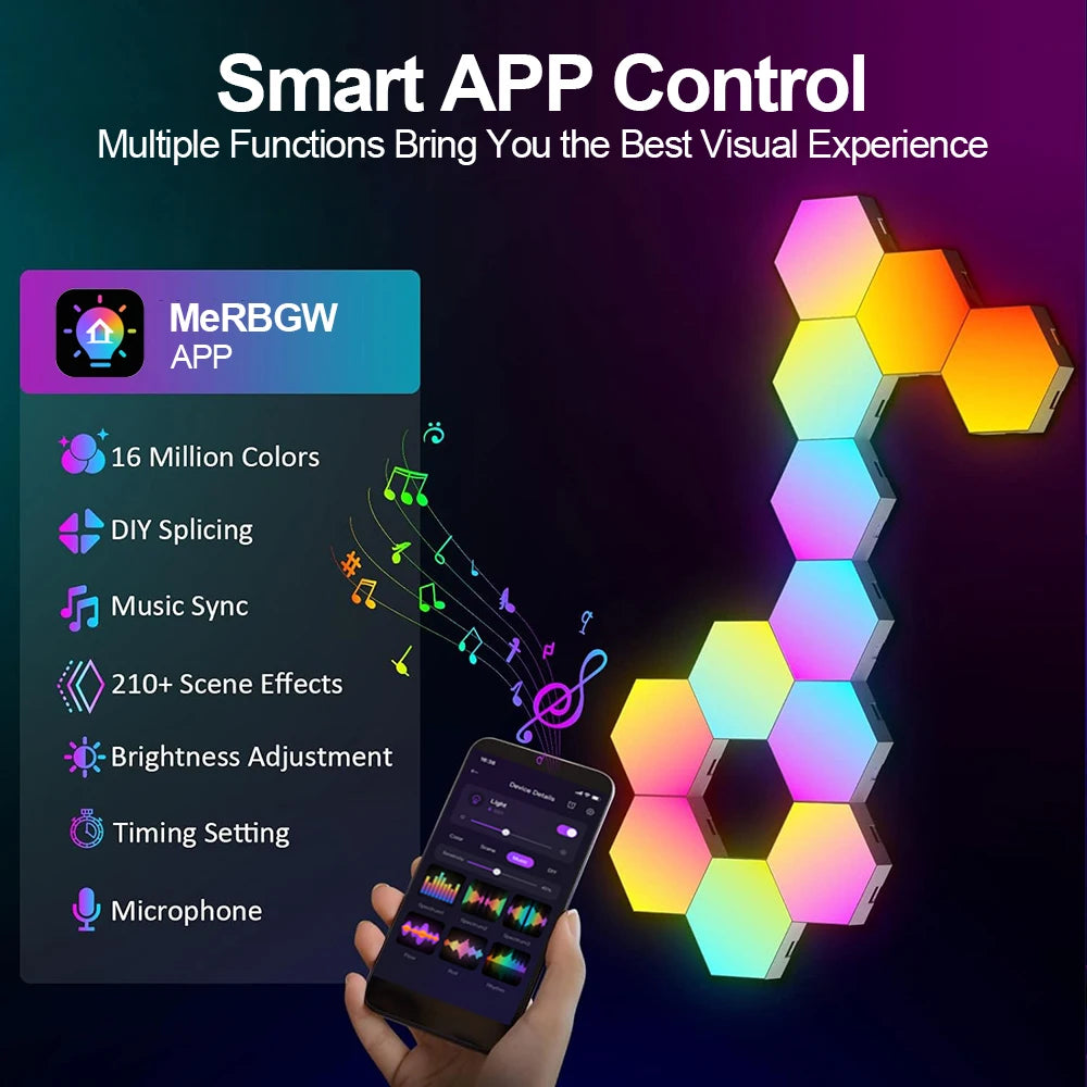 RGB Hexagonal Smart Wall Lamp - Modular Music Sync LED Lighting Kit Tidesmit