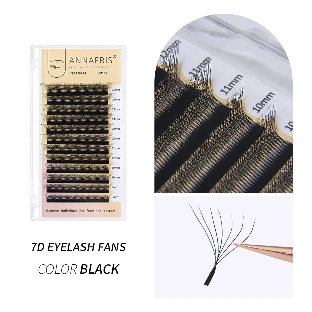 Black 7D eyelash extension tray with assorted lengths from 8mm to 15mm, plus a close-up of a single seven-lash fan.
