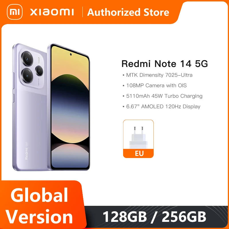 Global version Xiaomi Redmi Note 14 5G Smartphone Dimensity 7025-Ultra  108MP AI camera NFC 6.67" 120Hz AMOLED display IP54