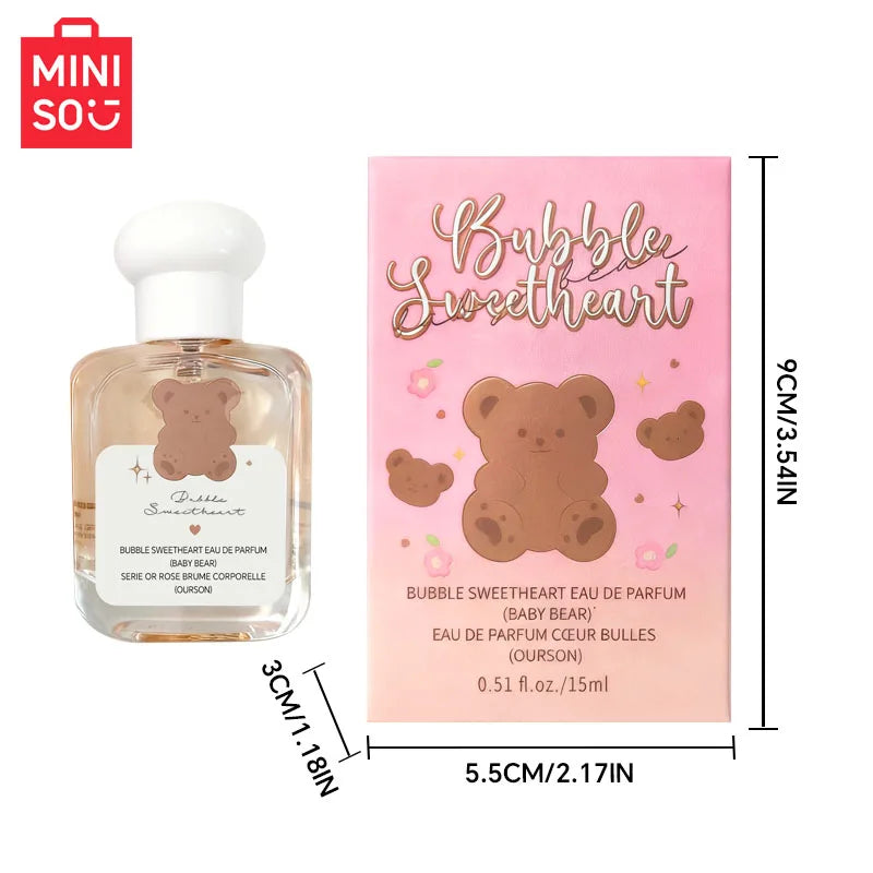 MINISO Bubble Sweetheart EDP for women, 15ml, floral scent, cute bear-themed bottle and packaging.
