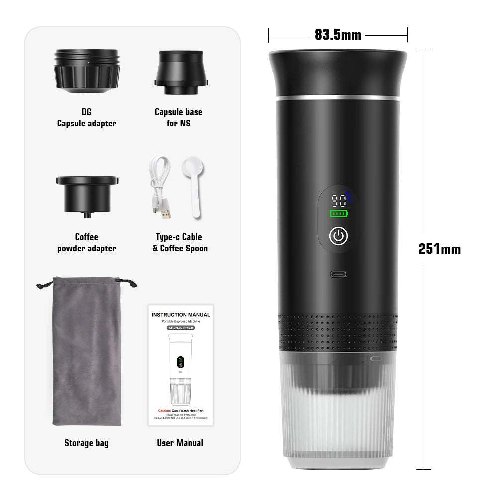 Tidesmit espresso maker with accessory kit: adapters, cable, spoon, storage bag