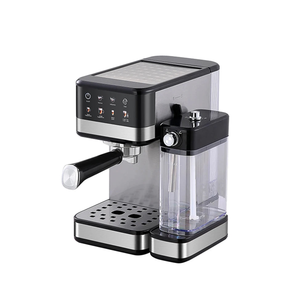 Stainless steel espresso machine with digital touch panel, portafilter, and removable milk frothing reservoir.
