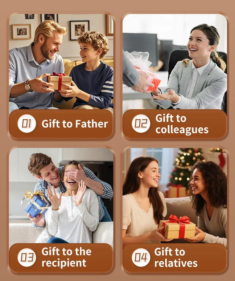 Collage of people exchanging wrapped gift boxes for holidays, family, friends, and professional gifting occasions.
