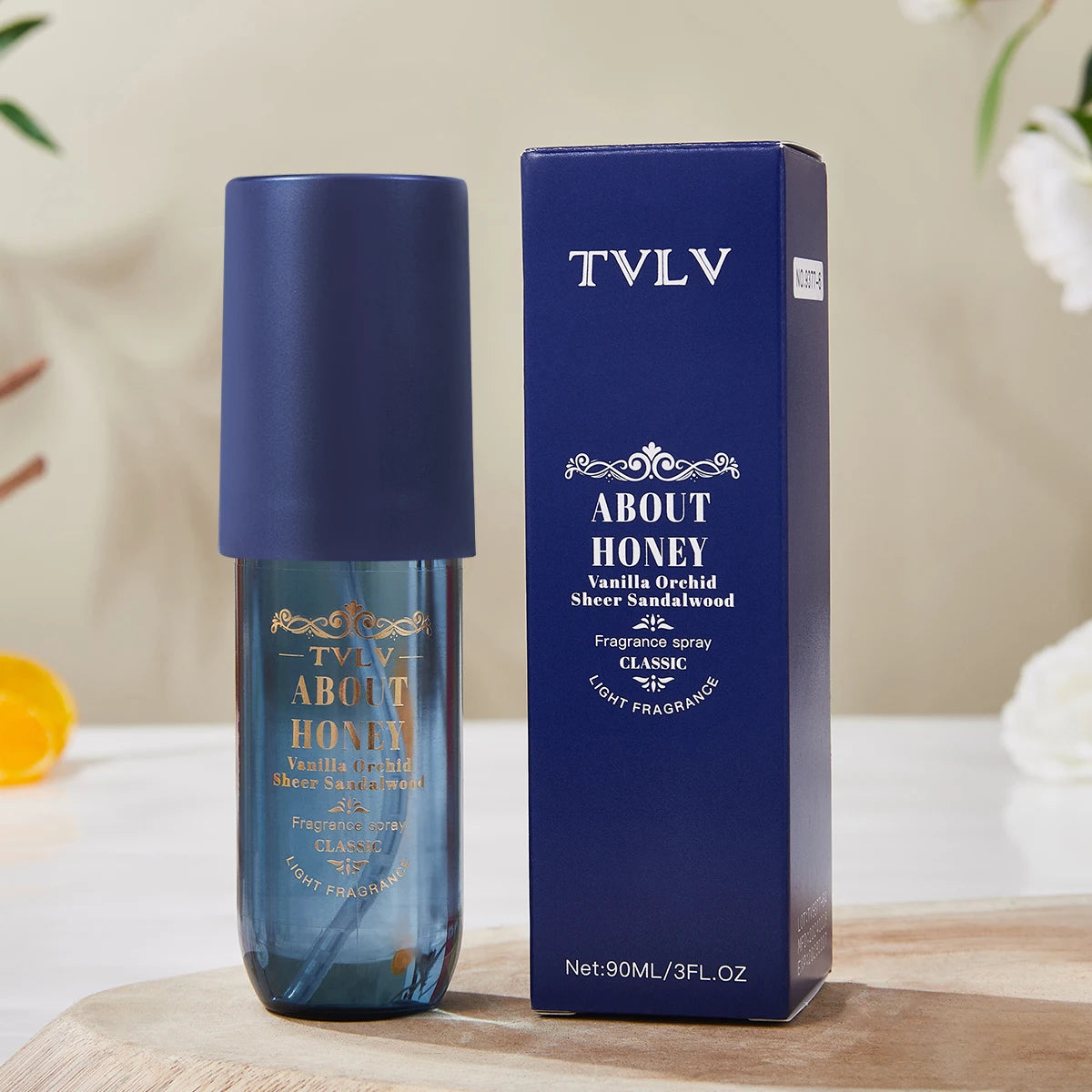 TVLV About Honey alcohol-free perfume spray: vanilla orchid & sandalwood scent, cylindrical bottle, party fragrance.