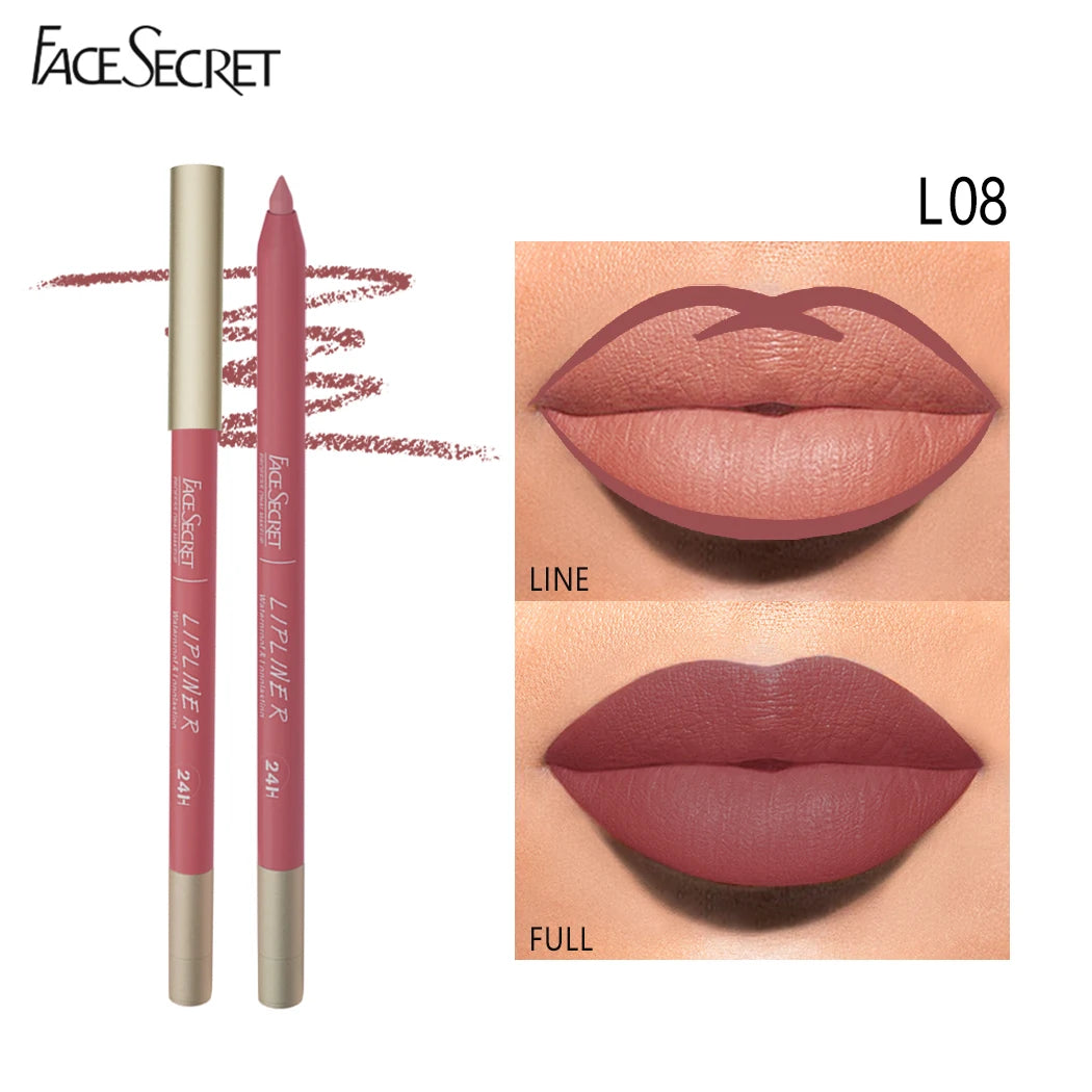 Face Secret waterproof velvet matte lip liner pencil in shade L08 showing lip lining and full coverage application.
