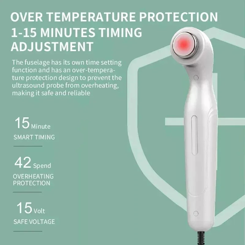 White handheld ultrasound physiotherapy device with timer and over-temperature protection for home pain relief massage.