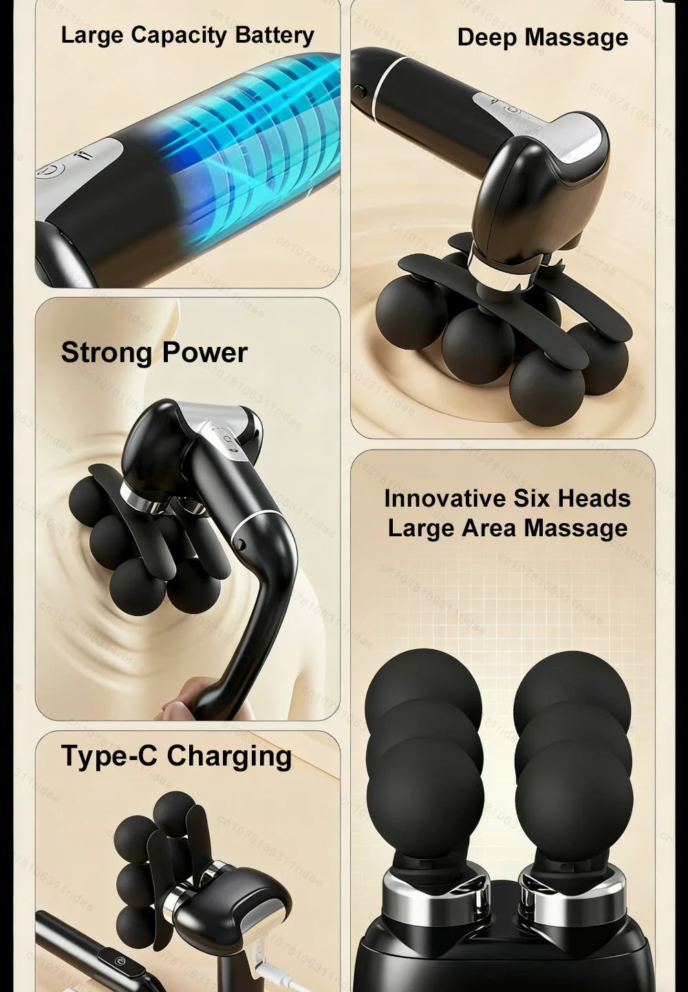 Fascia Gun 6-Head Percussive Therapy Deep Tissue Muscle Massager Fascia Gun Tidesmit