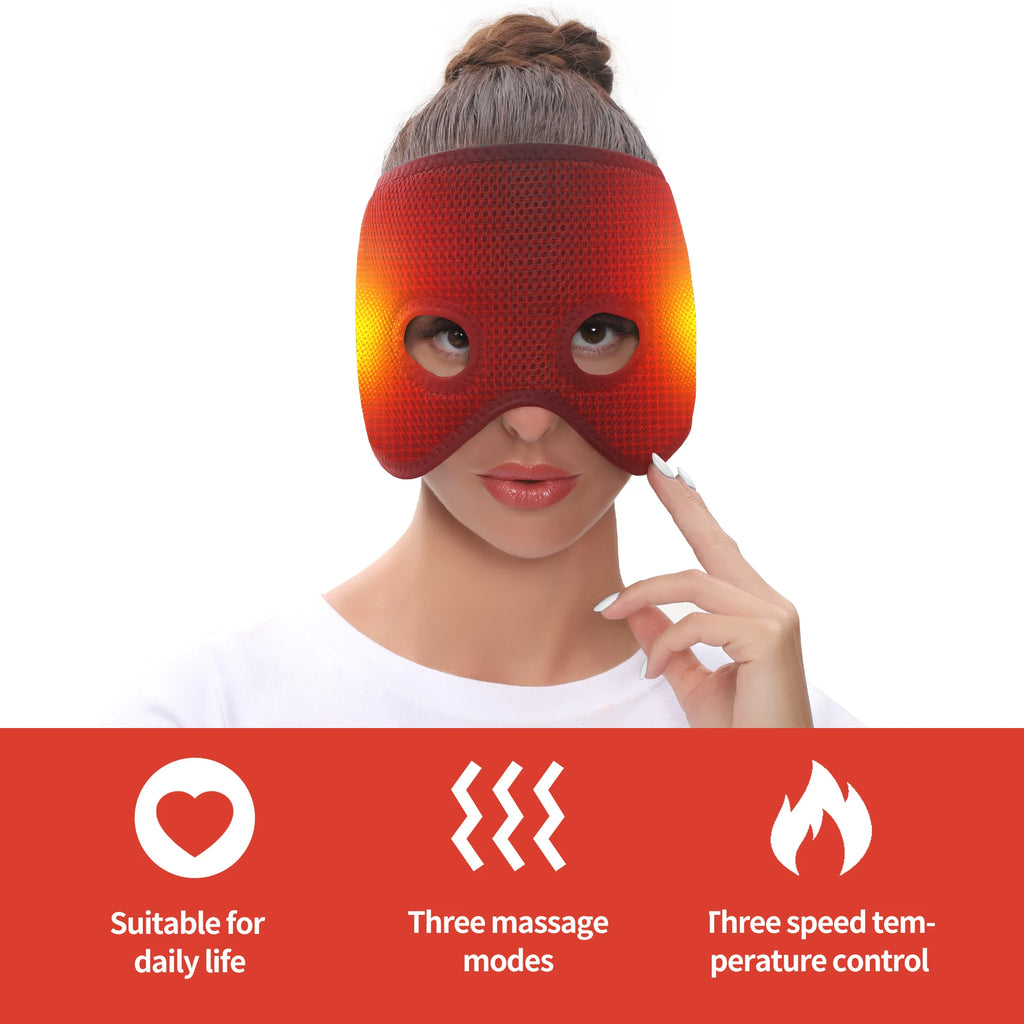 A woman wears a red, textured heating half-face mask that glows at the temples, featuring three-speed controls.