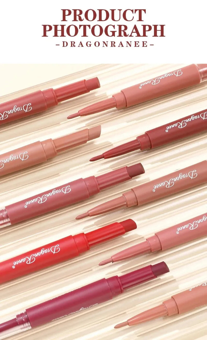 Dragon Ranee dual-ended waterproof matte lip liner and lipstick pencils in various nude and rose red shades.