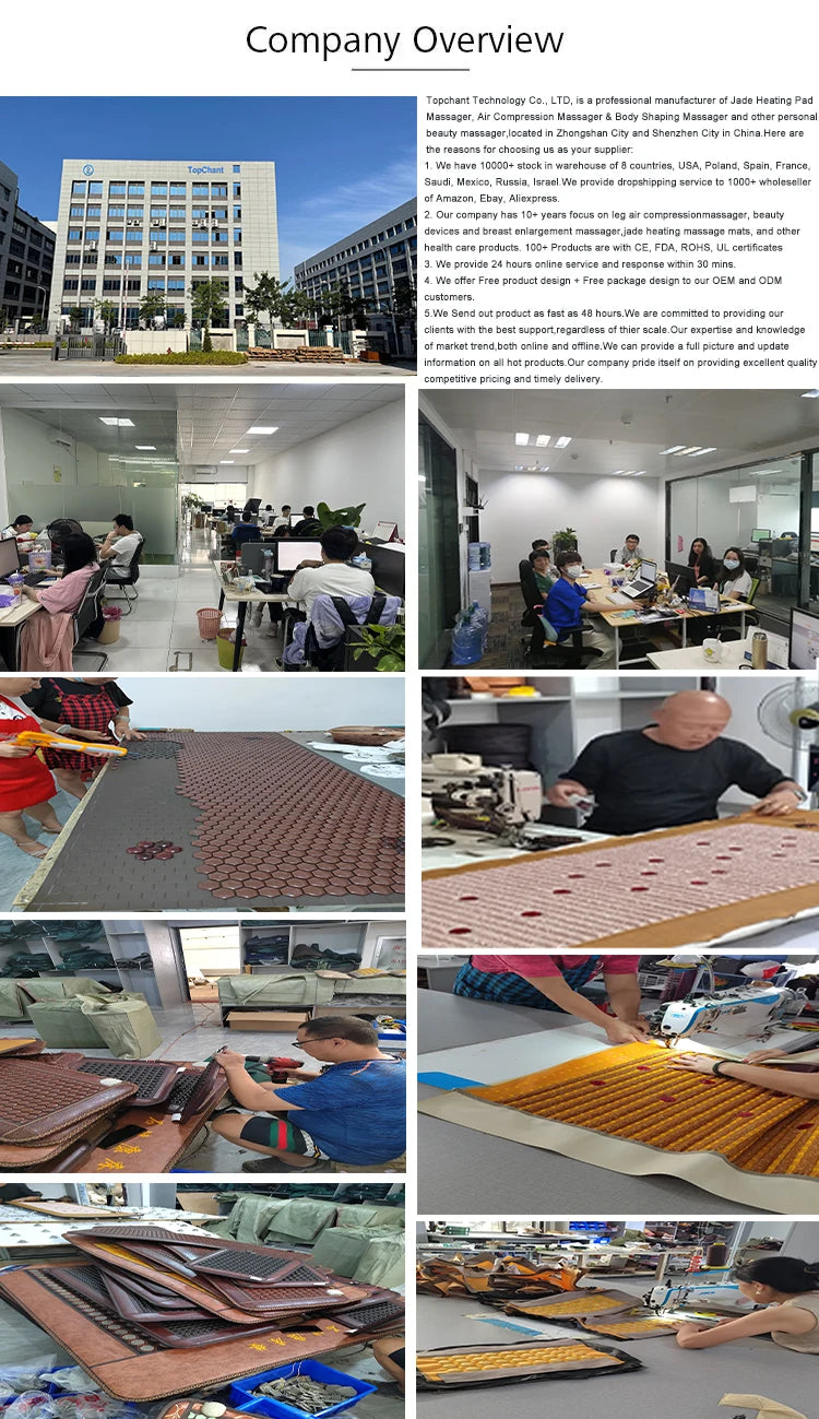 Collage of workers in a factory manufacturing brown, rectangular jade stone heating massage mats.