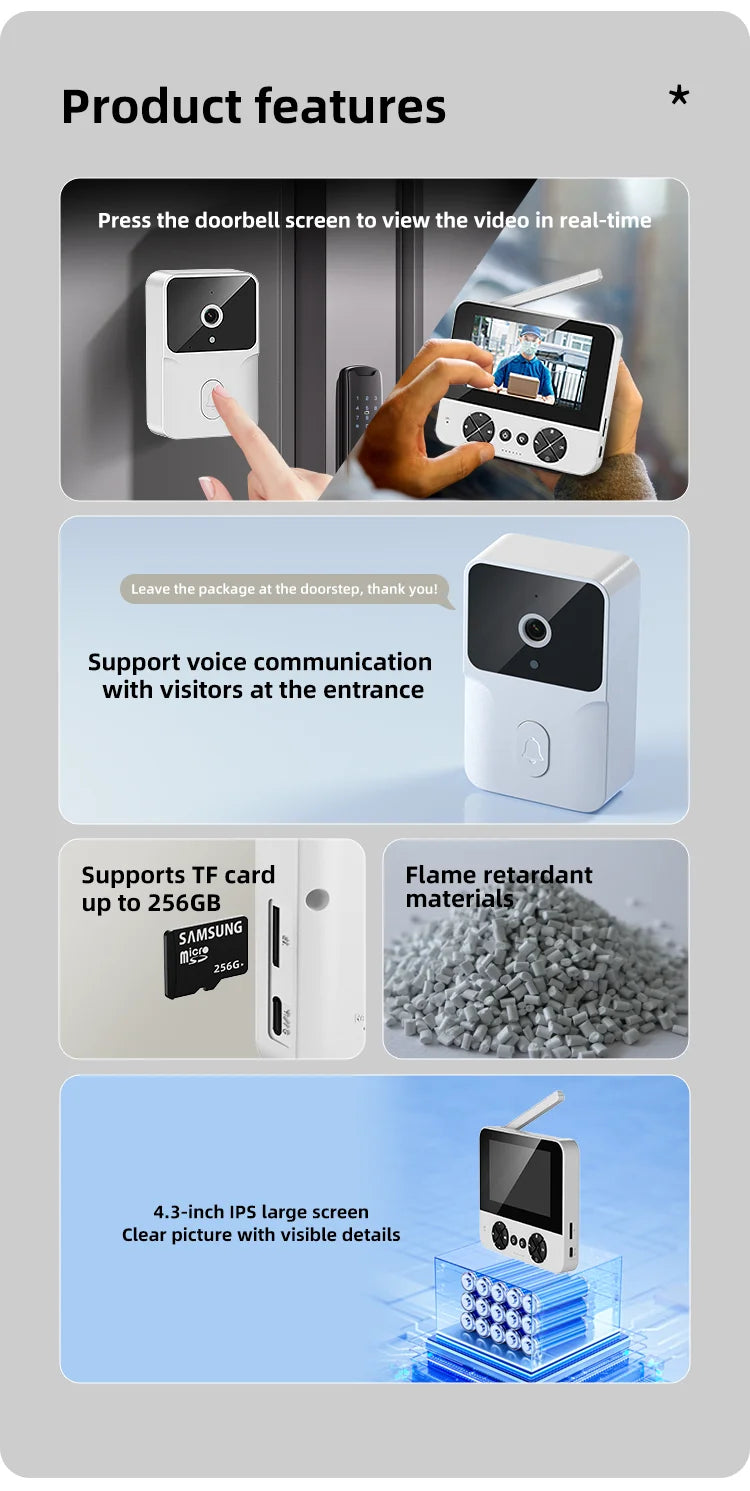 Wireless video doorbell, 4.3 "IPS display 720P high definition intelligent intercom, 2.4G wireless two-way call, night vision