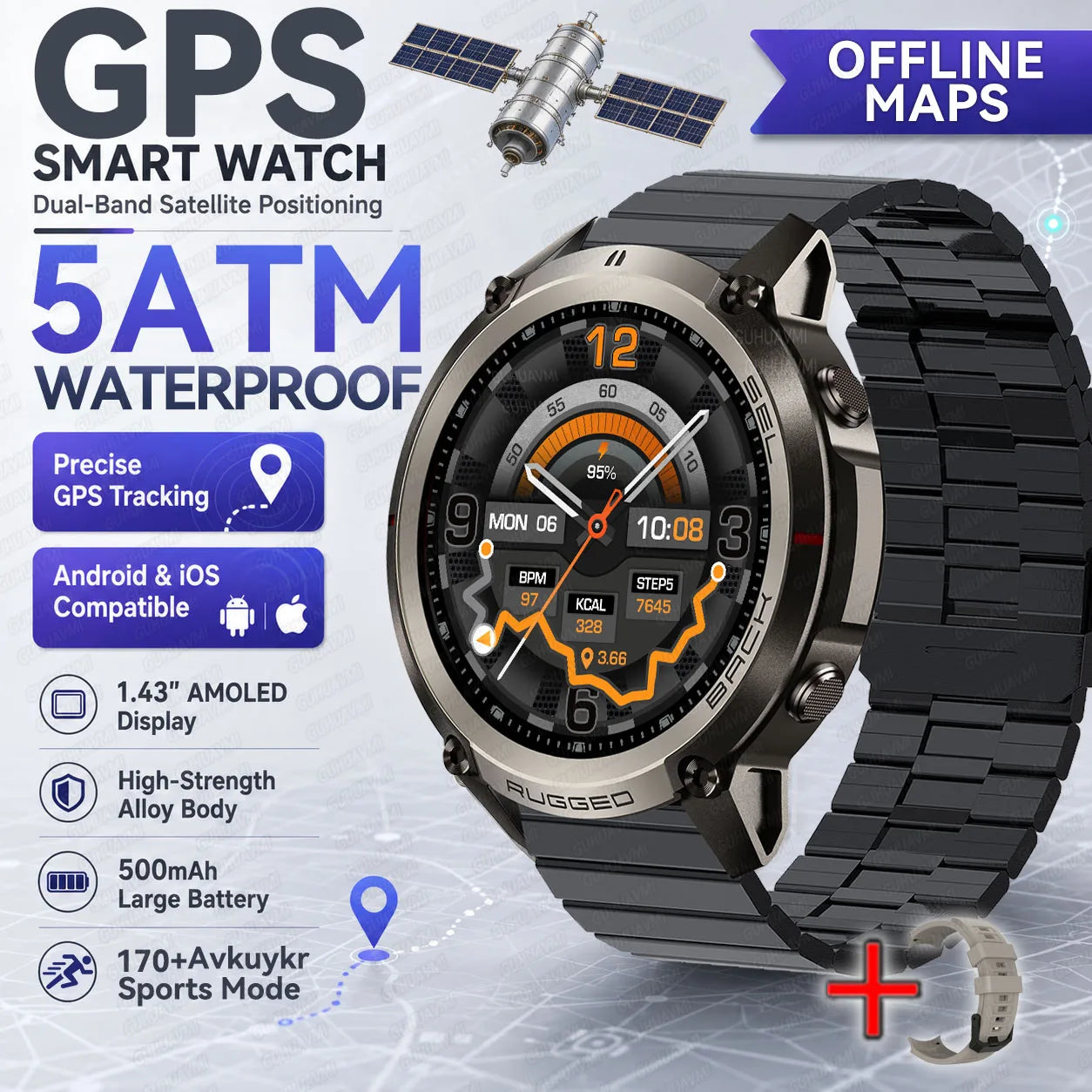 New Rugged GPS Sport Smartwatch 1.43" AMOLED Screen 5ATM Waterproof Offline Map Compass 500mAh Smart Watch for Men Android iOS