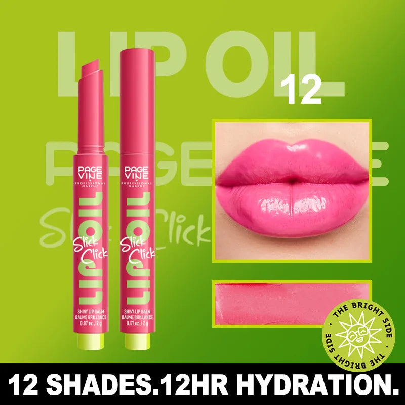 Pink click-press moisturizing lip oil balm in sleek tube with glossy, hydrated lip swatch and matte pink texture.
