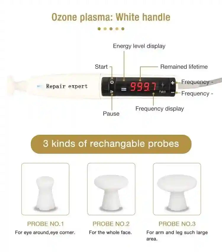Ozone Plasma Pen with white handle, digital energy display, and three interchangeable probes for facial skin therapy.